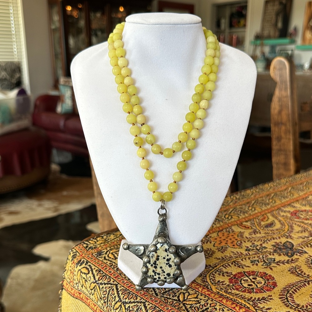 Natural Stone Bead Necklace with Dalmatian Star Pendant